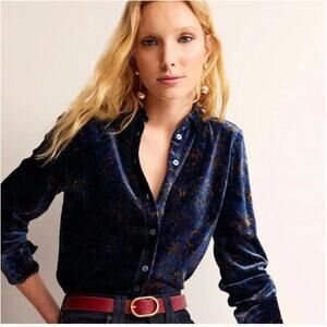 Boden Sienna French Velvet Blouse Navy Blue Paisley Button Front Blouse Top Sz 6